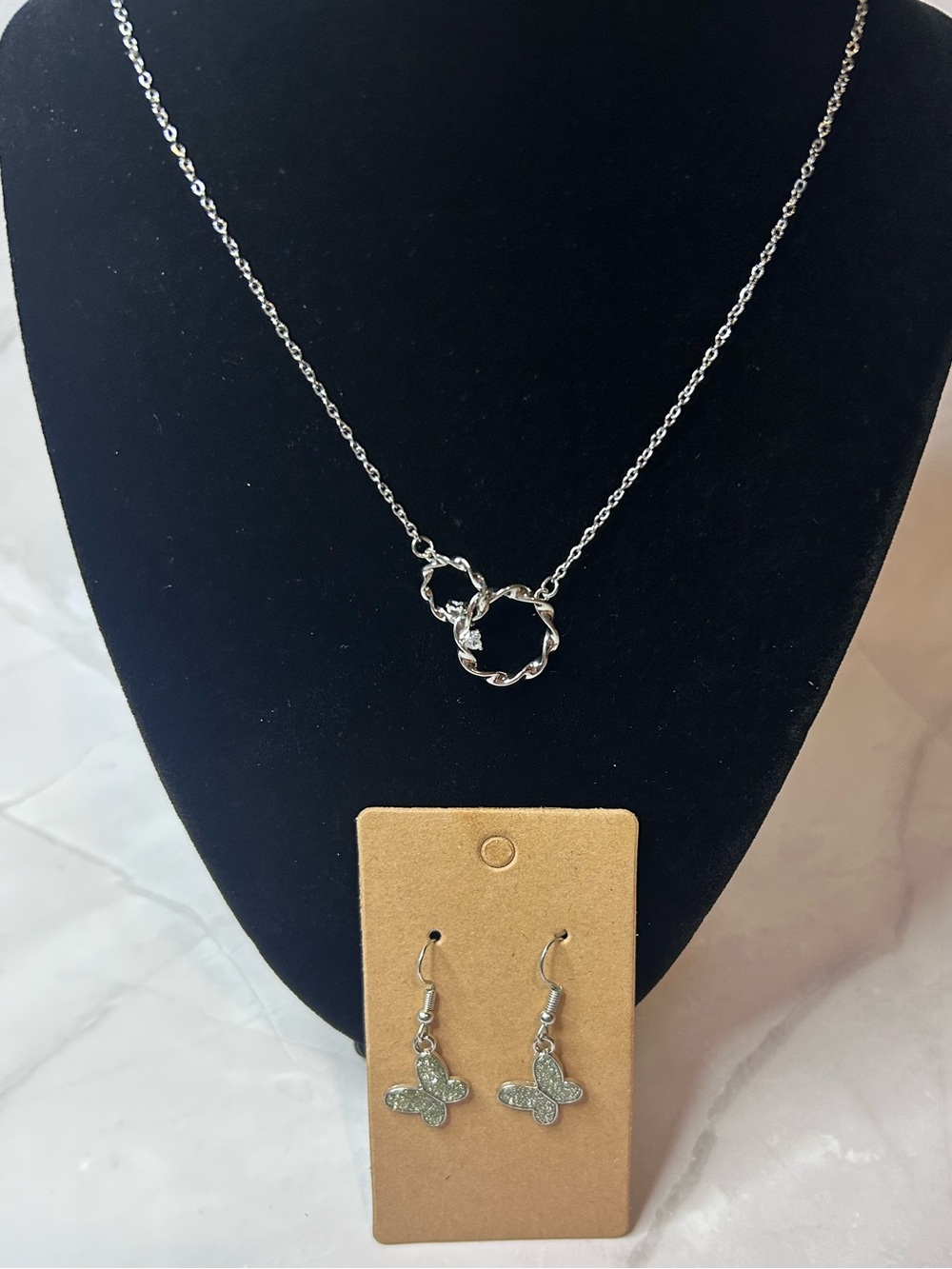 Silver Twisted Circle Necklace with Butterfly Earrings - Women's Jewelry